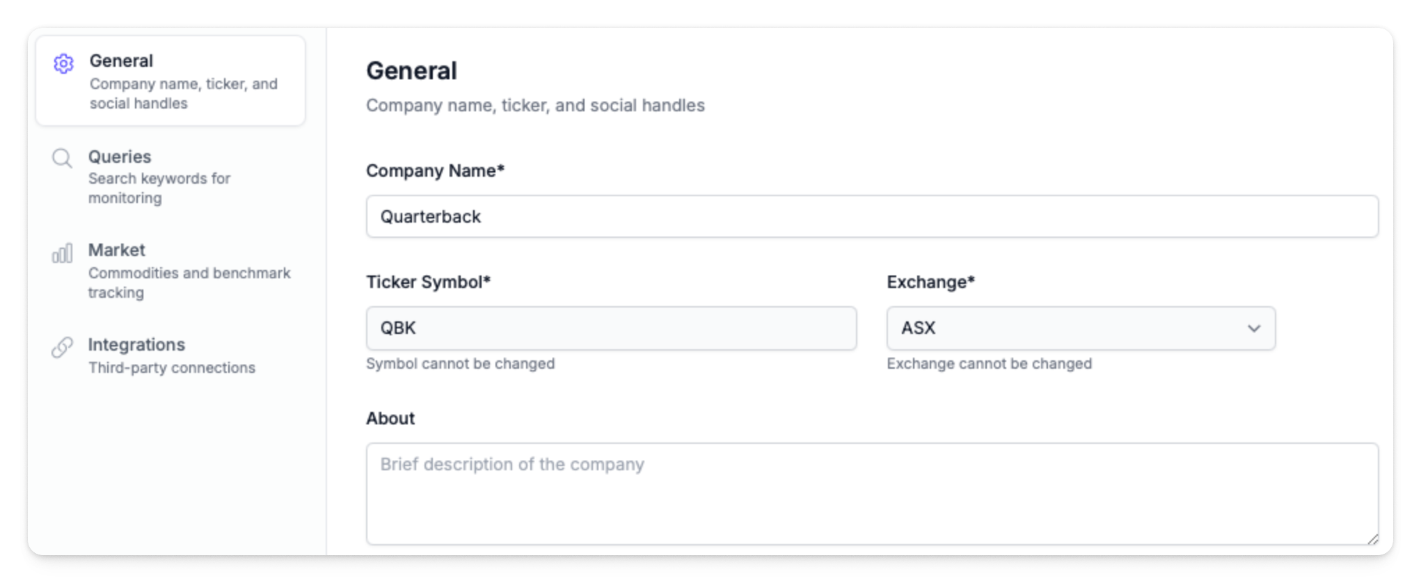 Company profile settings form