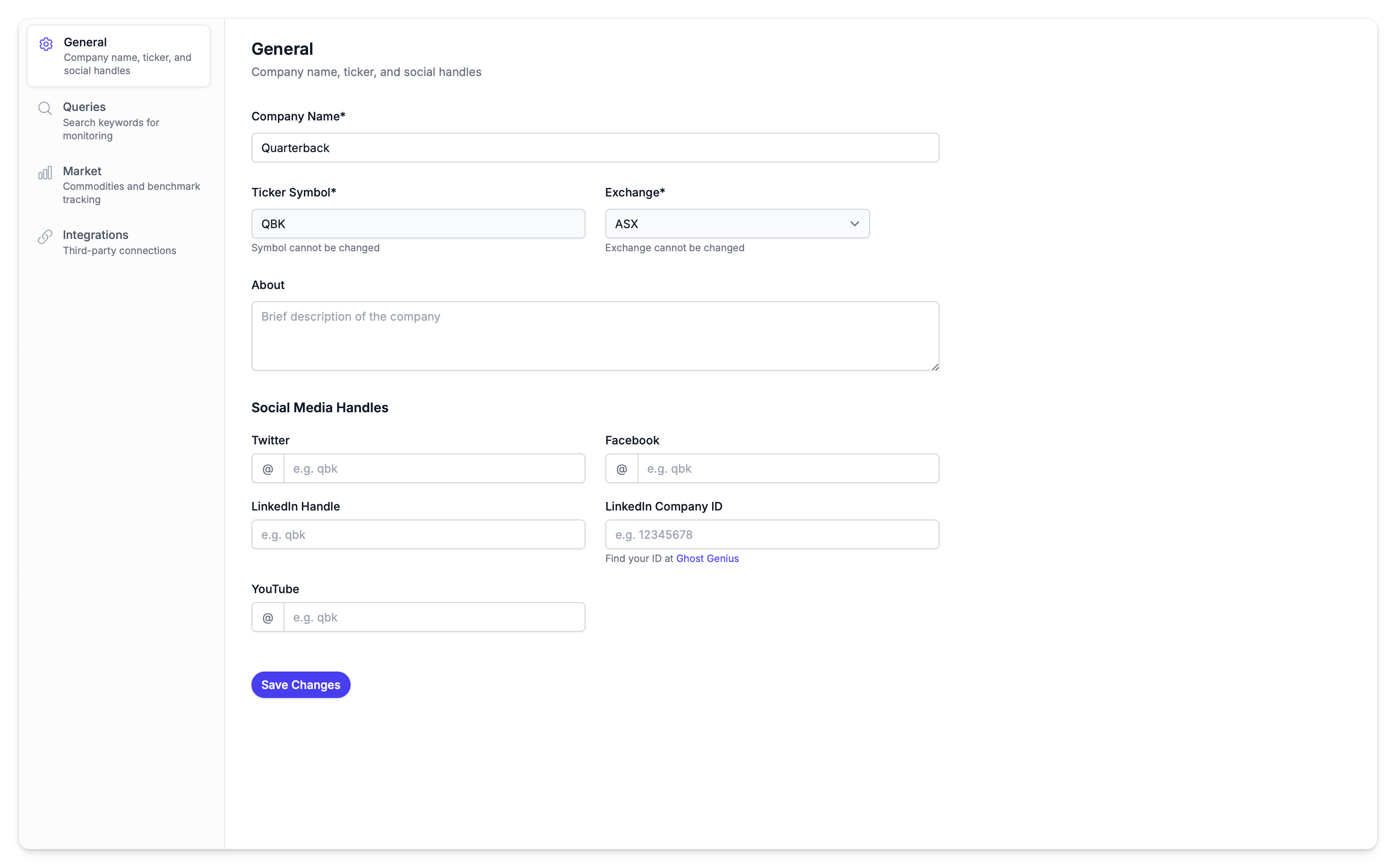 Company settings page