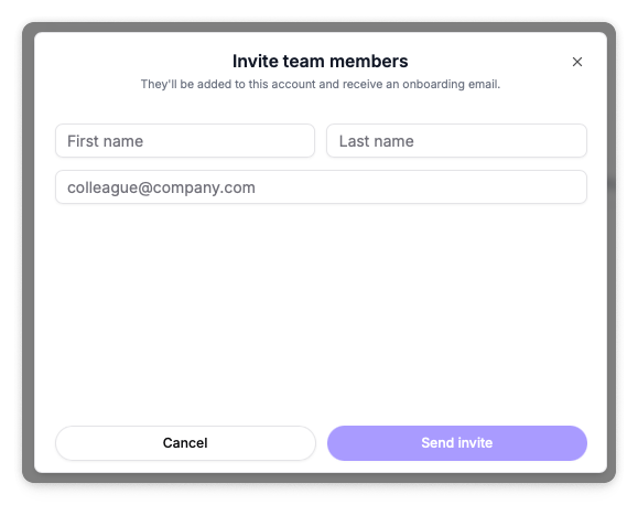 Invite team members dialog with first name, last name, and email fields