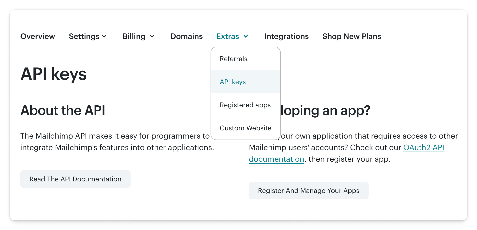 Mailchimp API keys page showing where to create and copy your key