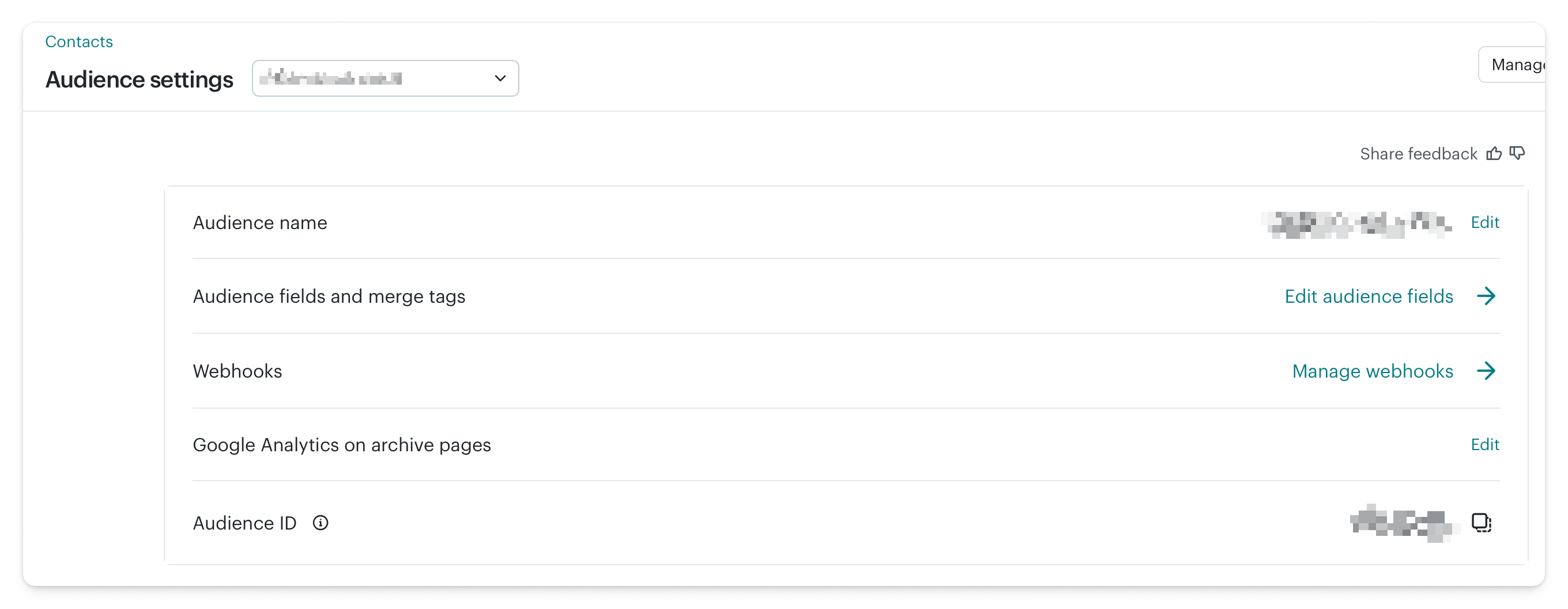 Mailchimp audience settings page showing the Audience ID field