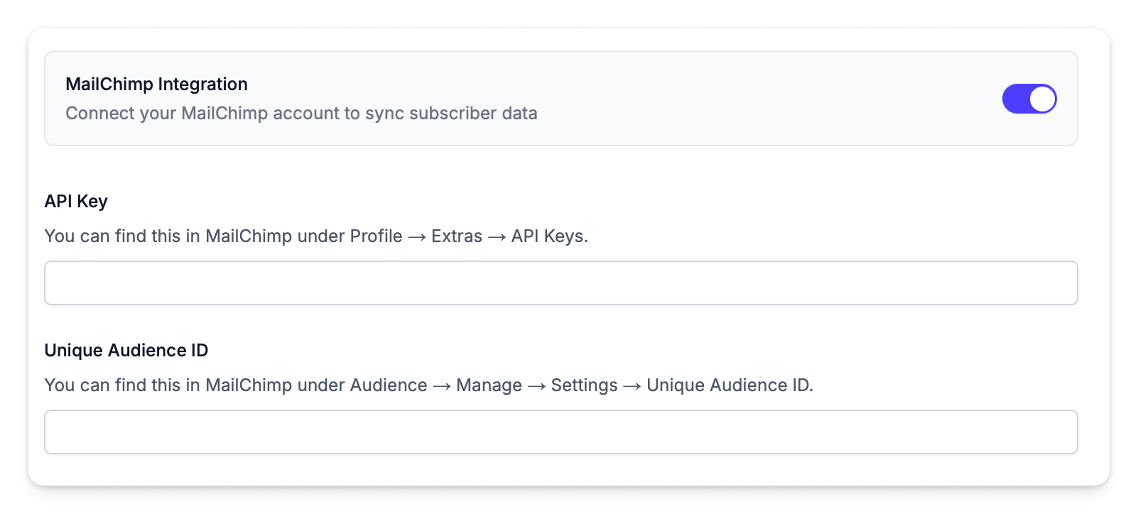 Mailchimp integration settings showing API key and Audience ID fields
