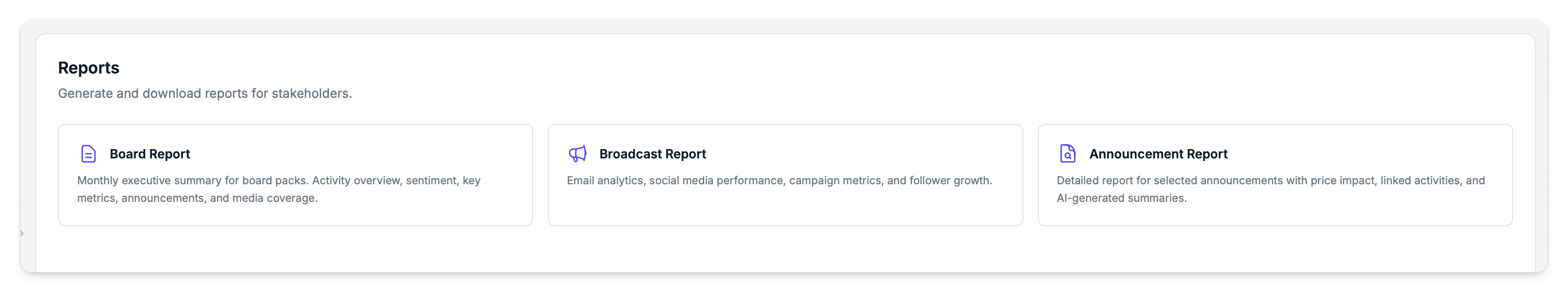 Reports page showing report type options