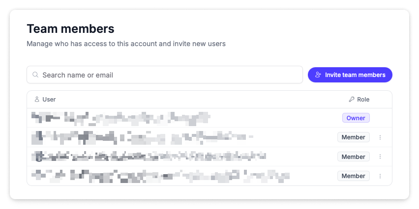 Team members settings page showing the list of current team members, their roles, and the Invite team members button
